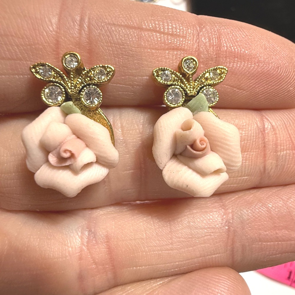 Pink Rose Butterfly Gold Tone Rhinestone Post Earrings Floral Cottagecore
